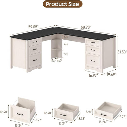 Vabches Wood L Shaped Executive Desk with 6 Drawers, Farmhouse Home Office Desk with Power Outlets and Triangle Under-Desk Storage Shelf & Drawer File Cabinet, Corner Computer Desk, Black