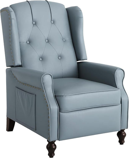 Wingback Recliner Chair with Massage and Heat, Tufted PU Leather Push Back Arm Chair for Living Room Vintage Recliner Chair with Remote Control, Padded Cushion, Backrest (Blue-PU)