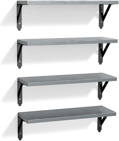 ROMGUAR CRAFT Wood Floating Shelves Set of 4, Rustic Storage Decor Wall Shelves, Wall Mounted Shelf for Living Room, Bedroom 17" x 6", Grey