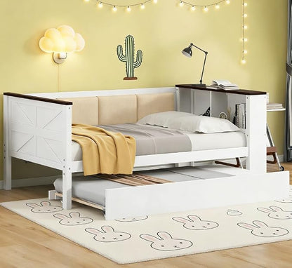 Bellemave Twin Size Corner Bed Frame with Storage Shelves and Trundle, Wood Twin Daybed with Bookcase and USB and Upholstered Backrest, White