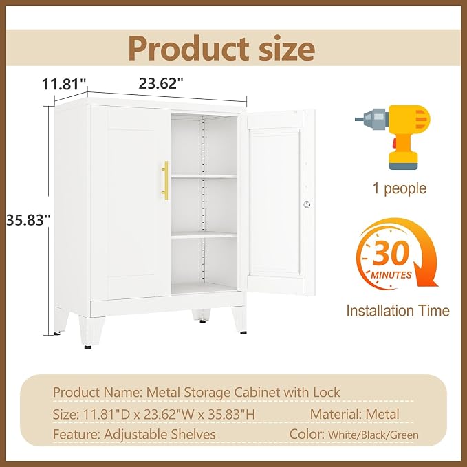 GAIOUS 36" White Floor Storage Cabinet, Locked Metal Storage Cabinets with 2 Doors and 2 Adjustable Shelves, Sideboard Buffet Cabient, Freestanding Cabinet for Home/Office/Garage/Tool Room/Bathroom