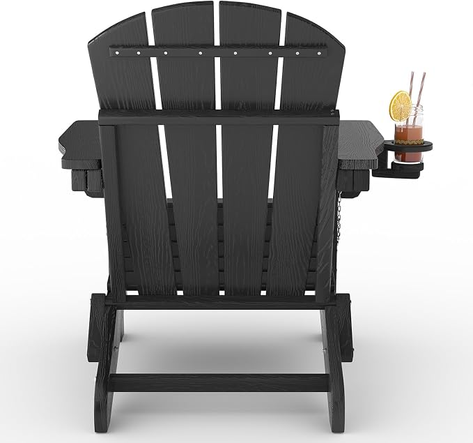 Garvee Folding Adirondack Chair Set of 2 with Side Table, HDPE Outdoor Patio Chair with Cup Holder, All Weather Resistent Wooden Textured for patios, Decks, Gardens, fire Pit, Black