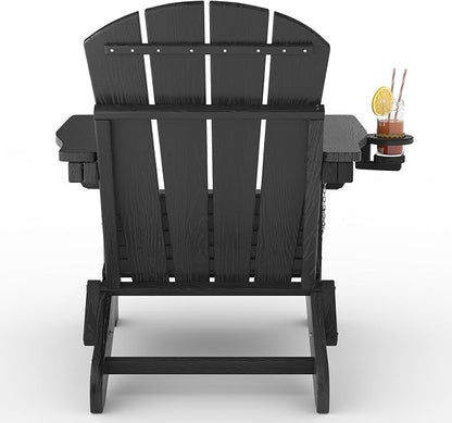 Garvee Folding Adirondack Chair Set of 2 with Side Table, HDPE Outdoor Patio Chair with Cup Holder, All Weather Resistent Wooden Textured for patios, Decks, Gardens, fire Pit, Black
