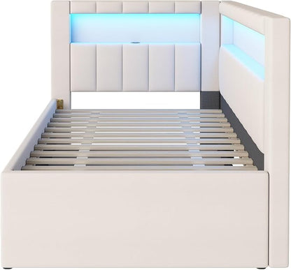 Merax Modern Upholstered Platform Bed Frame with USB Ports & Trundle Bed, Floor Sofa Day Bed, No Box Spring Needed/Easy Assemble/Twin,White