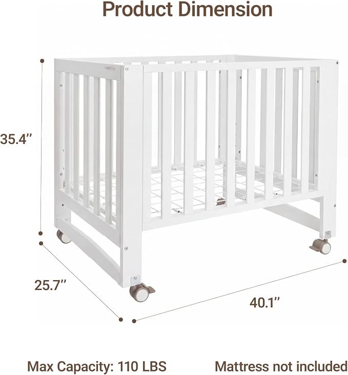 MAMAZING EvoNest 6-in-1 Convertible Baby Mini Crib with Wheels, GREENGUARD Gold Certified, 4 Adjustable Mattress Heights, 100% New Zealand Pine Wood, Portable Woodern Crib for Small Spaces, White