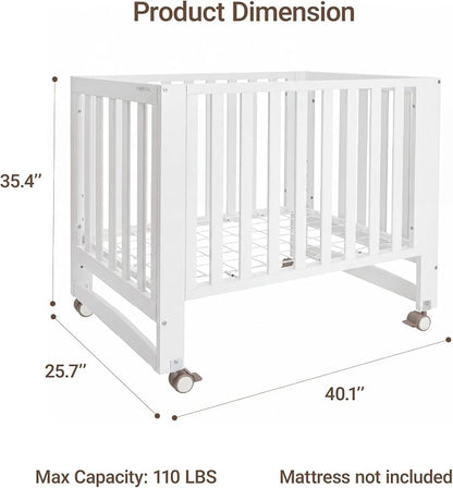 MAMAZING EvoNest 6-in-1 Convertible Baby Mini Crib with Wheels, GREENGUARD Gold Certified, 4 Adjustable Mattress Heights, 100% New Zealand Pine Wood, Portable Woodern Crib for Small Spaces, White