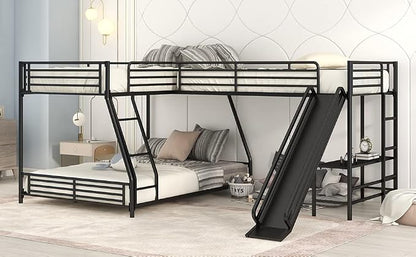 Flieks L-Shaped Twin Over Full Bunk Bed with Twin Size Loft Bed,Built-in Desk and Slide,Black
