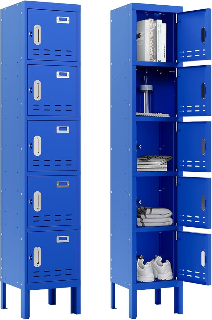 BUTISOW Metal Lockers - 66" Height Steel Lockers for Employees with 5 Door Storage Locker with Card Slot for Employees Gym School Home Office Garage - Assembly Required