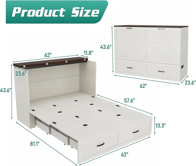 Hlivelood Queen Size Murphy Chest Bed with Drawer and Charging Station, Farmhouse Wood Space-Saving Hidden Folding Bed Chest, Multifunctional Storage Cabinet Beds for Bedroom, Office, Rustic White
