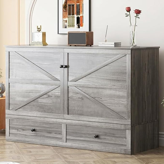 Mjkone Queen Size Cabinet Murphy Bed with Tri-Folding Foam Mattress, Farmhouse Chest Cabinet Wall Beds with USB Charging Station and 2 Storage Drawers for Bedroom Office Guest Room, Gray