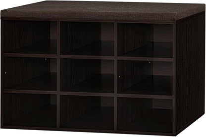 DINZI LVJ Shoe Bench, 9 Cubbies Shoe Organizer for Entryway, Storage Bench with Cushion, Cubby Shoe Rack with Adjustable Shelves for Living Room, Bedroom, Mudroom, Hallway, Espresso