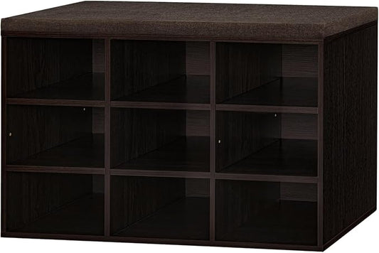 DINZI LVJ Shoe Bench, 9 Cubbies Shoe Organizer for Entryway, Storage Bench with Cushion, Cubby Shoe Rack with Adjustable Shelves for Living Room, Bedroom, Mudroom, Hallway, Espresso