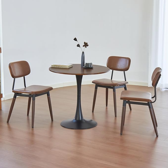 Round Dining Table, 24" Circle Tulip Table with Thickened Tabletop & Metal Pedestal, Mid Century Modern Bistro Table for Kitchen, Small Places, Living Room, Cafe (Faux Walnut)