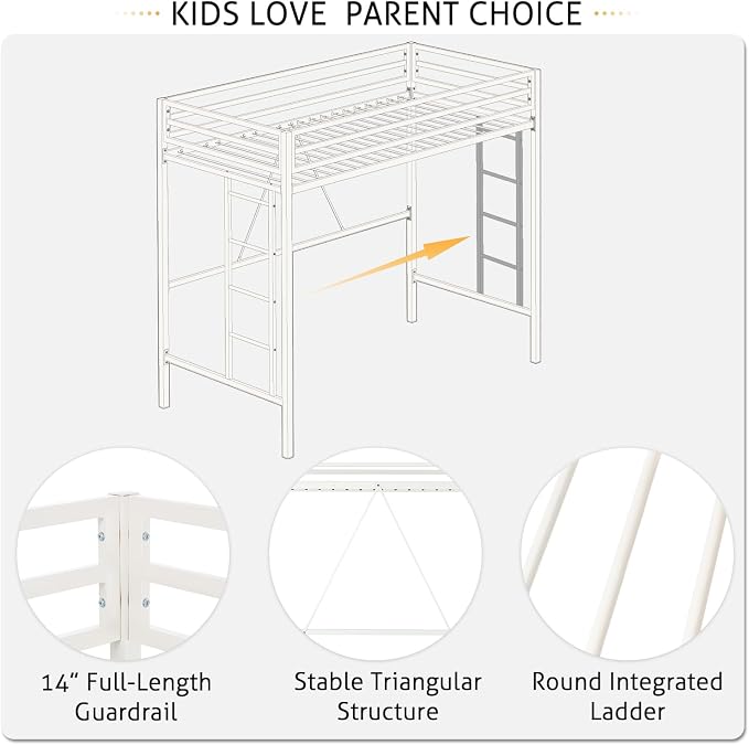 SHA CERLIN Loft Bed Twin Size with Ladder and Guardrail,White | Heavy Duty Metal Slats Support,No Box Spring Needed,Small Space Saving Furniture for Bedroom Dorm