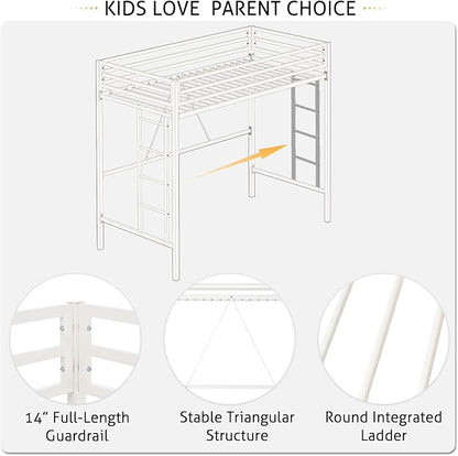 SHA CERLIN Loft Bed Twin Size with Ladder and Guardrail,White | Heavy Duty Metal Slats Support,No Box Spring Needed,Small Space Saving Furniture for Bedroom Dorm