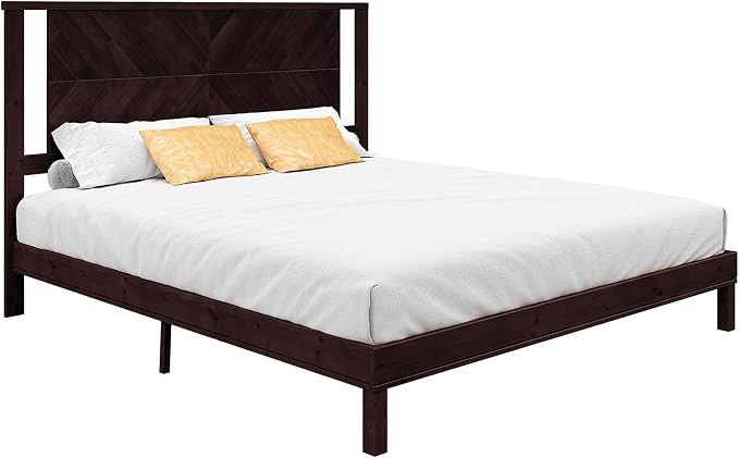 AMERLIFE Solid Wood King Size Bed Frame with Headboard, Mid Century Modern Style Platform Bed with Under-Bed Storage, No Box Spring Needed, Noise Free, Easy Assembly, Dark Brown