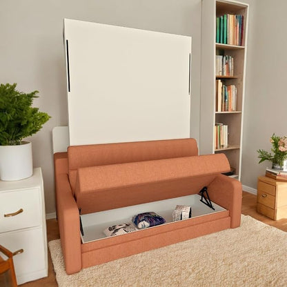 Full Size Murphy Bed Cabinet with Loveseat Sofa, White Hidden Beds,Wall Bedframe w/Orange Couch for Bedroom,Space-Saving, Noise Free