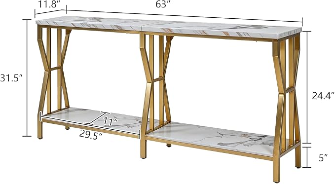 HOMISSUE Sofa Console Table, 63" Extra Long Sofa Table with 2-Tier Storage, Industrial Narrow Console Tables Behind Couch, Hallway Table for Entryway, Living Room，Gold