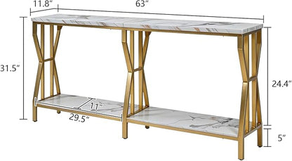HOMISSUE Sofa Console Table, 63" Extra Long Sofa Table with 2-Tier Storage, Industrial Narrow Console Tables Behind Couch, Hallway Table for Entryway, Living Room，Gold