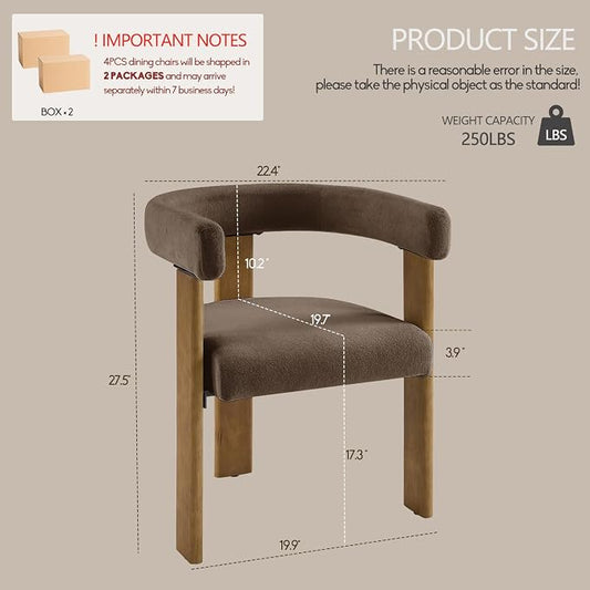 VIRRMO Boucle Dining Chair Set of 2 Terry Upholstered Dining Room Chairs Kitchen Chairs with Wood Legs Mid Century Modern Chair for Dining Room, Kitchen (Wood-Brown, 4)
