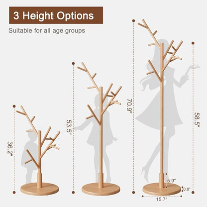 Muwuele Coat Rack,Solid Wood Coat Rack Freestanding with 12 Hooks,Coat tree freestanding 3 Adjustable Heights for coat, Hats, Handbags，Coat Stand for Entryway,Bedroom (Natural)