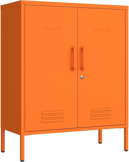 Multipurpose Accent Cabinet Locker, Metal Storage Cabinet with 2 Adjustable Shelves, Heavy Duty & Lockable Organizer Made of Thickened Steel, Easy Assembly for Home, Entryway, Orange