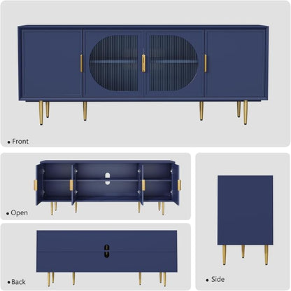 Blue TV Stand for TVs up to 75 Inch, 66" Modern Entertainment Center with Glass Door Storage, TV Cabinet Media Console for Living Room, Bedroom, Under TV Cabinet