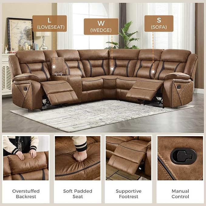 EBELLO Manual Reclining Sectional Sofa for Living Room, L-Shaped Sectional Corner Reclining Sectional Couches Home Furniture Set with Center Console, Hidden Cup Holders and Storage, Brown