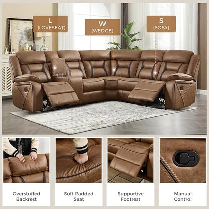 EBELLO Faux Leather Reclining Sectional Sofa Set for Living Room, 1 Recliner Chair and L-Shaped Reclining Couches Home Furniture Set with Center Console, Hidden Cup Holders and Storage, Brown