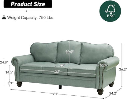 81" Genuine Leather Sofa, Classic 3-Seater Couchs with Wood Legs, Stylish & Comfortable Sofa for Living Room or Office, Easy Assembly and Maintain & Long-Lasting, Sage