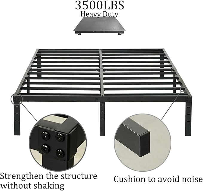 Wulanos Full Size Bed Frame 18 inch Tall, 3500lbs Heavy Duty Metal Platform with Steel Slats Support, No Box Spring Needed, 18-inch Bedframe with Ample Storage, Sturdy and Noise-Free, Black