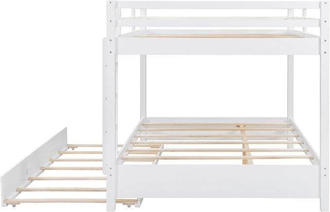Merax Wood Queen Bunk Bed with Twin XL Trundle & Ladder - Space-Saving Design, Sturdy Frame & Guard Rails,White