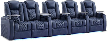 Weilianda Home Theater Seating Top Grain Leather Zero Gravity Recliner Chair Power Headrest Recline Movie Seat Gaming 7 Colors Mood Light Sofa with Tray Table USB Charge Row of 5 Loveseat Left Blue