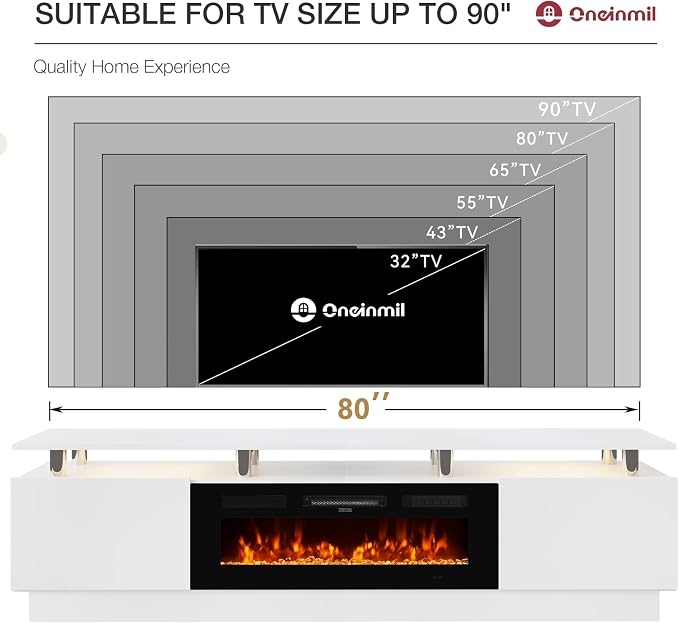 80" TV Stand & Media Console, Entertainment Center with Storage Shelves, Fits TVs up to 90", Modern Living Room Cabinet, 36" Electric Fireplace (White+Black)