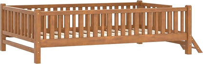 Merax Wood Twin Size Platform Bed with Guardrail, Kids Bed Frame with Stairs, Walnut