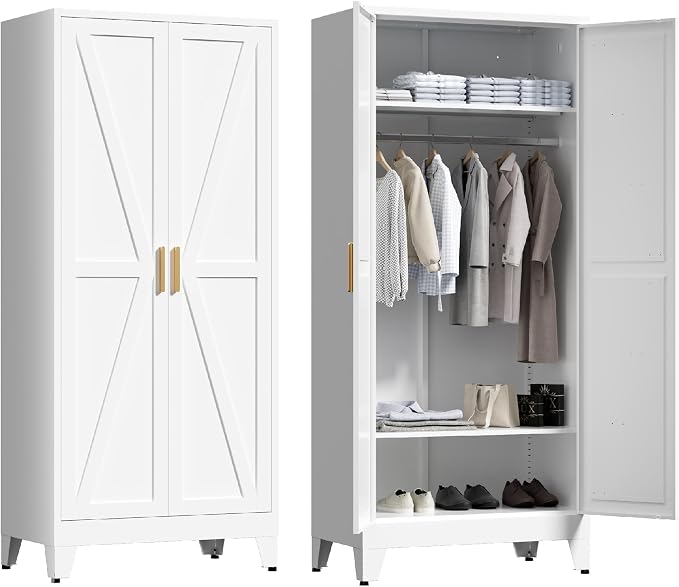 Washsemba 71'' Farmhouse Metal Wardrobe Cabinet with Hanging Rod, 2 Barn Door Wardrobe Closet with 2 Adjustable Shelves,for Dining Room,Bedroom,Living Room, Cloak Room,Office (White)