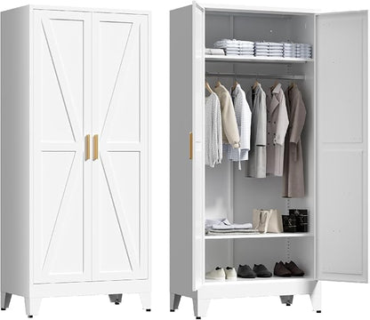 Washsemba 71'' Farmhouse Metal Wardrobe Cabinet with Hanging Rod, 2 Barn Door Wardrobe Closet with 2 Adjustable Shelves,for Dining Room,Bedroom,Living Room, Cloak Room,Office (White)