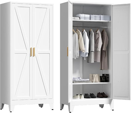 Washsemba 71'' Farmhouse Metal Wardrobe Cabinet with Hanging Rod, 2 Barn Door Wardrobe Closet with 2 Adjustable Shelves,for Dining Room,Bedroom,Living Room, Cloak Room,Office (White)
