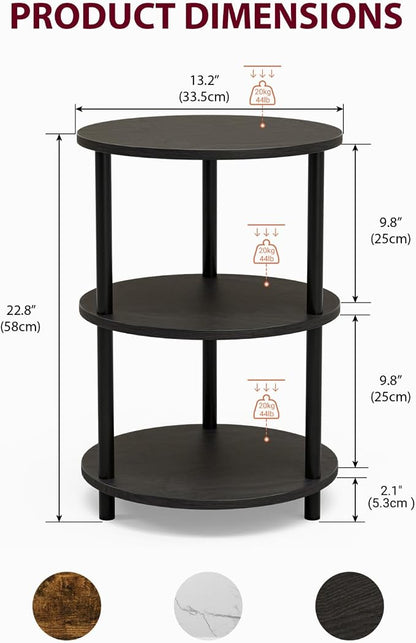XBurmo Small Round End Table - 3 Tier Design Accent Table, Narrow Side or Bedside Stand, Industrial Vintage Nightstand for Bedroom, Living Room, or Small Spaces, Set of 2, Charcoal Wenge