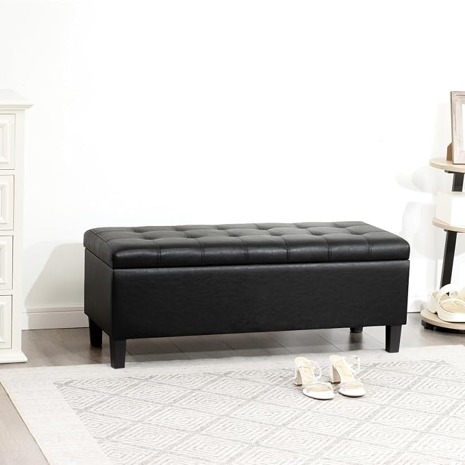 Asense 45" Storage Ottoman Bench,Faux Leather Upholstered Ottoman with Legs,Tufted Ottoman with Safety Hinge,Storage Bench for Bedroom,Living Room,Entryway,Black