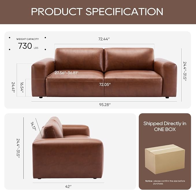 COLAMY PU Leather Sofa Couch, 95" Oversized Sofa Loveseat for Living Room, Comfy Love Seat Couch with Extra Deep Seats, Wide Arm, Down Filled 3-Seater Modern Sofa for Apartment/Lounge/Bedroom-Auburn