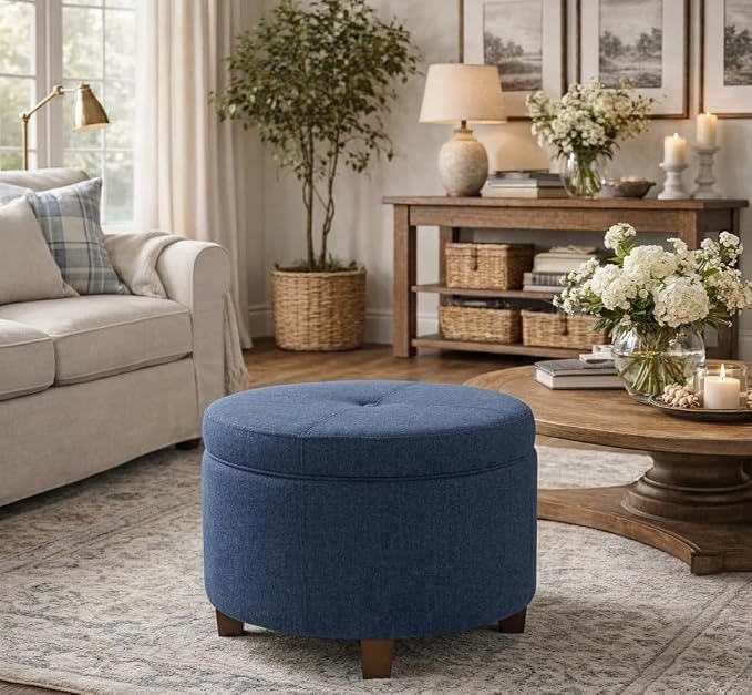 HomePop 24" Large Round Storage Ottoman - Blue Woven Fabric