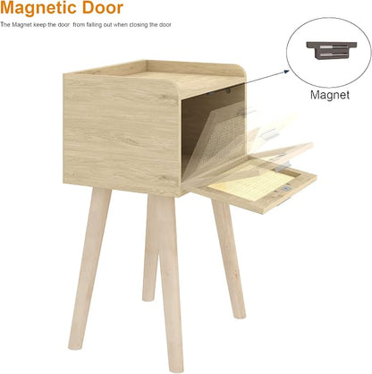 LAATOOREE Nightstand Set of 2, Small Bedside Table, End Table with Rattan Door, Boho Side Table with Solid Wood Legs for Bedroom Living Room Small Space