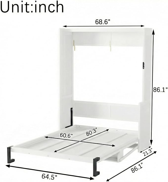 PVWIIK Queen Size Murphy Bed with Desk,Storage Shelf for Small Space,Bedroom,Guest Room,Wood Hidden Wall Multifunctional Bed Space-Saving Cabinet,White