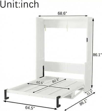 PVWIIK Queen Size Murphy Bed with Desk,Storage Shelf for Small Space,Bedroom,Guest Room,Wood Hidden Wall Multifunctional Bed Space-Saving Cabinet,White