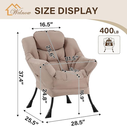 Welnow Khaki Single Lazy Chair for Living Room, Modern Reading Accent Chair with Armrests and a Side Pocket, Leisure Lazy Sofa Chair for Small Space, Bedroom, Dorm