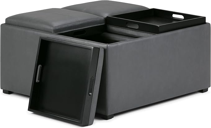 SIMPLIHOME Avalon Wide Contemporary Square Coffee Table Storage Ottoman, Stone Grey, Table Ottoman