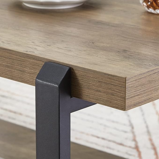 FOLUBAN Industrial Coffee Table with Shelf, Wood and Metal Rustic Cocktail Table for Living Room, Oak