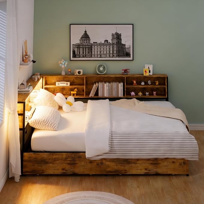 Bellemave Full Corner Bed Frame with Storage, Full Captains Bed with Charging Station, LED Light, Wood Daybeds with L-Shaped Bookcase and 2 Drawers, Brown