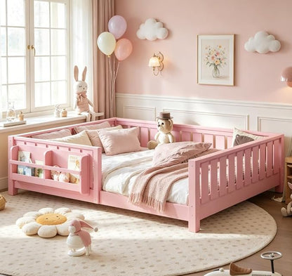 Bellemave Full Size Floor Bed with high Rails and with Built-in Bookshelf for Kids, Girls, Boys, Wood Montessori Floor Bed Without Door, Pink